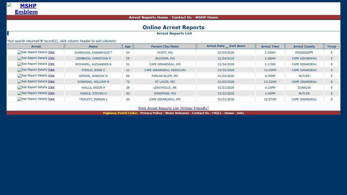 Missouri State Highway Patrol - Arrest Reports List